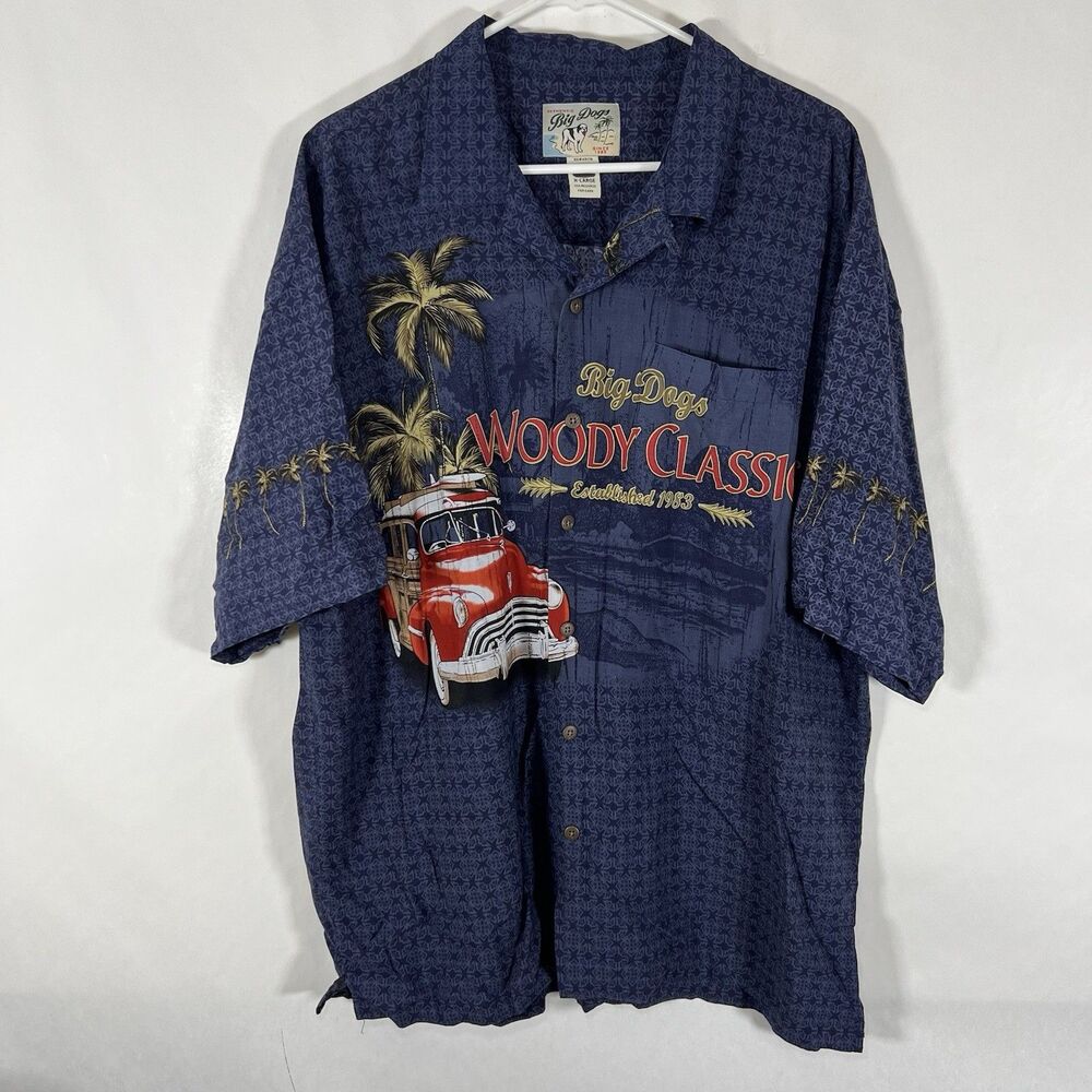Vintage Big Dogs Woody Classic Hawaiian Shirt Mens XL Blue Rayon Short Sleeve